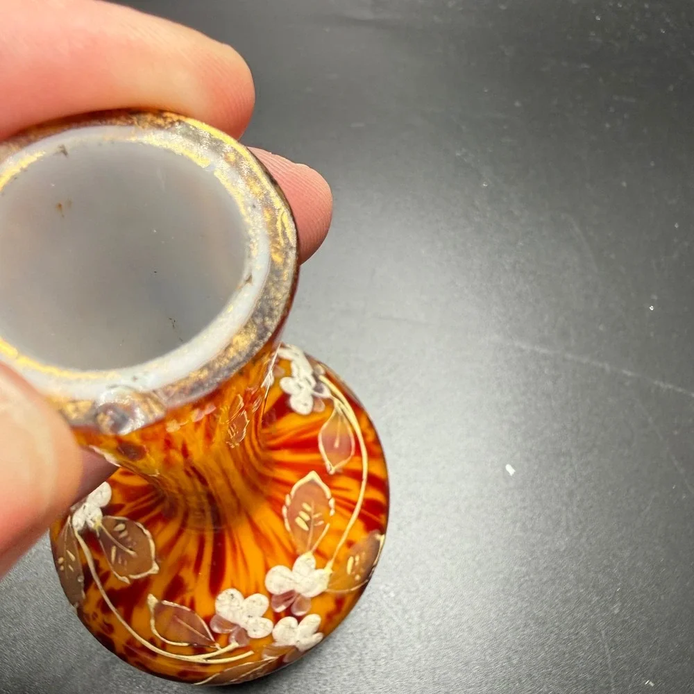 Vintage Hand Blown Art Glass Vase Orange Red Enamel Floral Hand Painted 5.5 inch